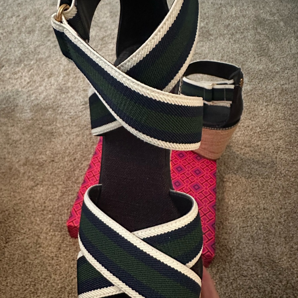 Tory Burch Navy and White Striped Espadrille Wedge Sandals - Picture 3 of 4